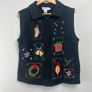 Compliments Black Zip Up Vest Womens XL Christmas Holiday Embroidered Novelty‎